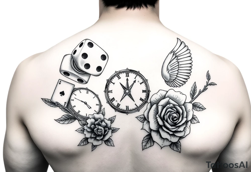 Dice cards money girls clock compass dove rose tattoo idea