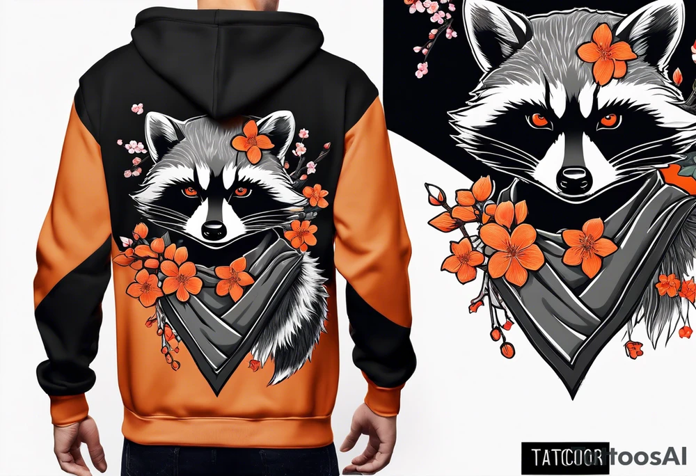 Raccoon wearing a white Superman logo on a black hoodie and orange Japanese cherry blossoms beside tattoo idea