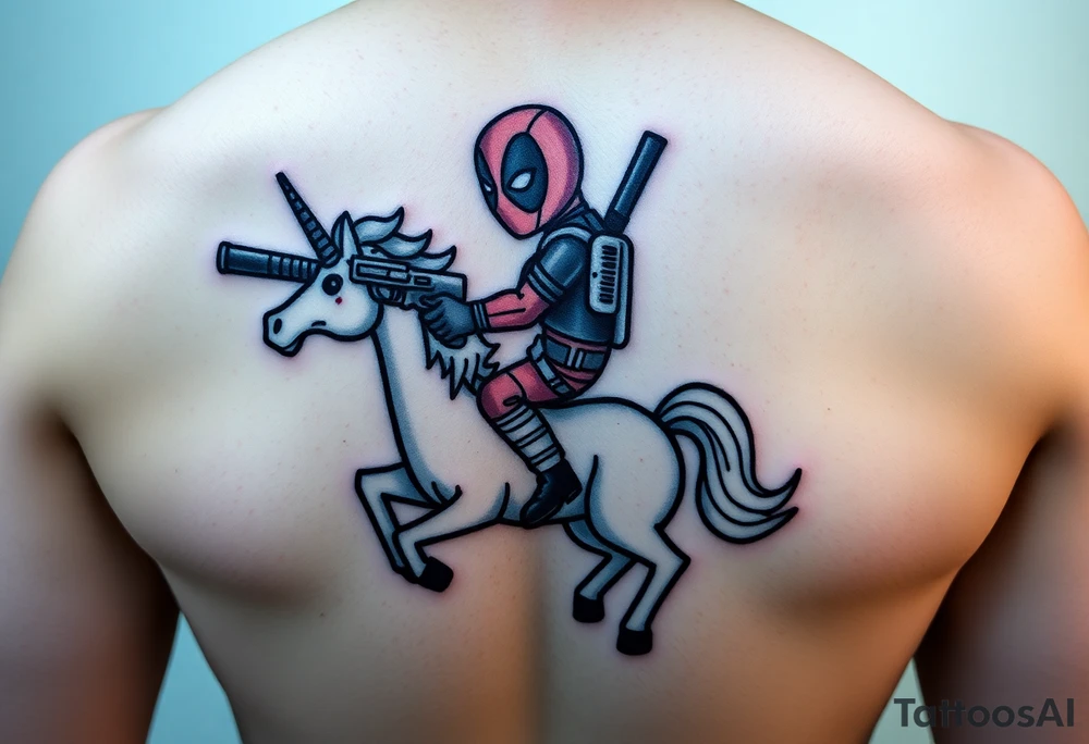Deadpool riding unicorn holding big gun tattoo idea