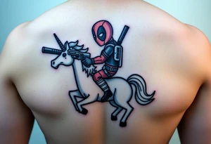 Deadpool riding unicorn holding big gun tattoo idea