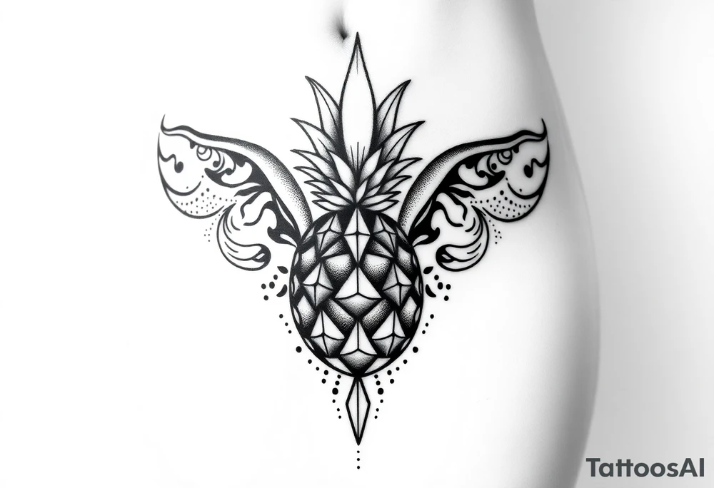 Design around a vagina and anus using a  pineapple with diamonds  and magestic, crown, vagina, anus, pubic tattoo idea