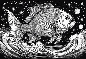 A fish jumping out of rapid waters and into  constellations and the universe tattoo idea