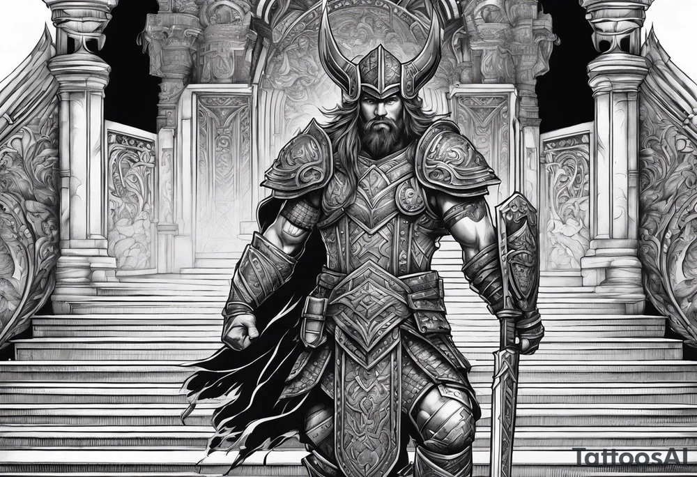 The warrior is standing in front of the staircase that leads to the gate to the valhalla. tattoo idea