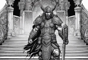 The warrior is standing in front of the staircase that leads to the gate to the valhalla. tattoo idea