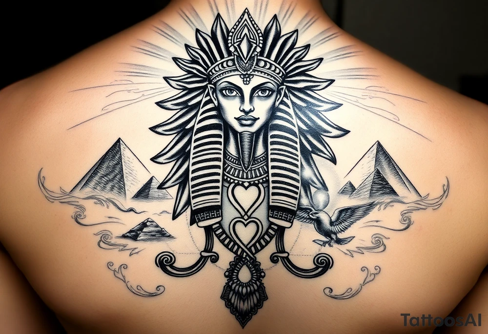“Super realistic black and grey tattoo of the Egyptian goddess Ma’at, depicted as a regal woman with an ostrich feather headdress, intense glowing eyes, and intricate ancient Egyptian jewelry. She stands or floats amidst swirling cosmic energy and beams of light, with subtle hieroglyphics and pyramids in the background. Incorporate the Scales of Justice—one side holding a heart, the other Ma’at’s feather—glowing with ethereal energy. Emphasize dramatic lighting, deep shadows, and surreal, mystical atmosphere to match a sleeve with Anubis and cosmic motifs. Design should flow with existing sleeve art, using soft transitions and layered textures. tattoo idea