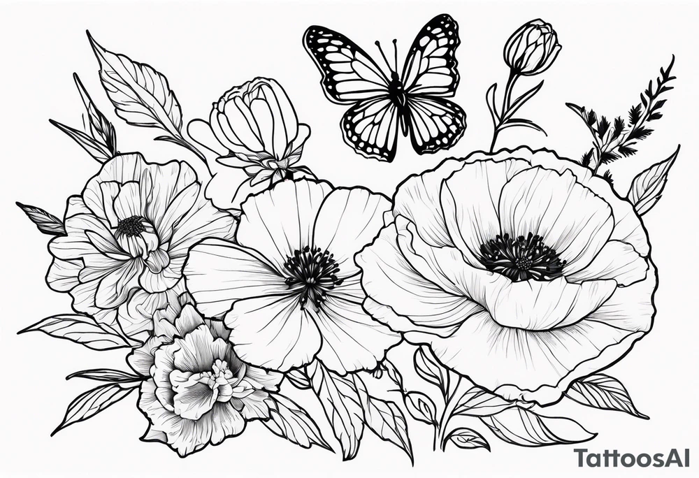 a mix of Carnation flower, Poppy flower, Lily valley flower, Larkspur flower, Aster flower snd a marigold flower with a butterfly tattoo idea