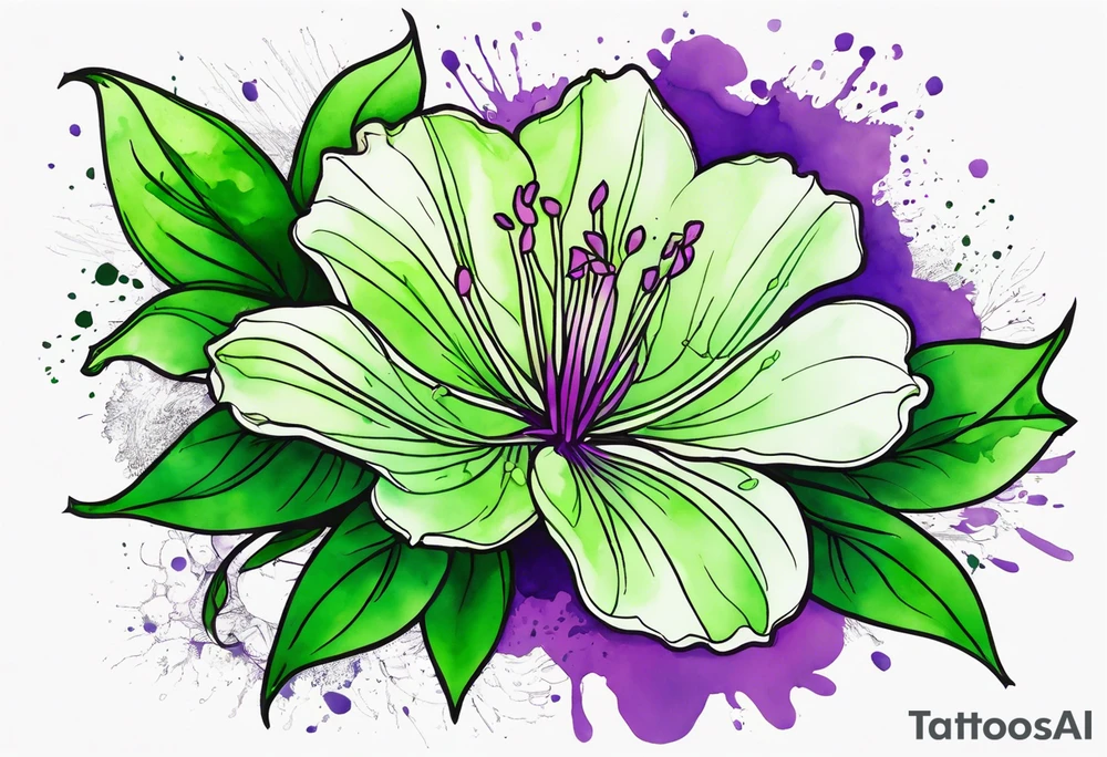 An outline of a green rio dipladenia flower and a purple watercolor splash in the background tattoo idea