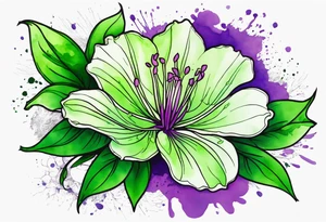 An outline of a green rio dipladenia flower and a purple watercolor splash in the background tattoo idea