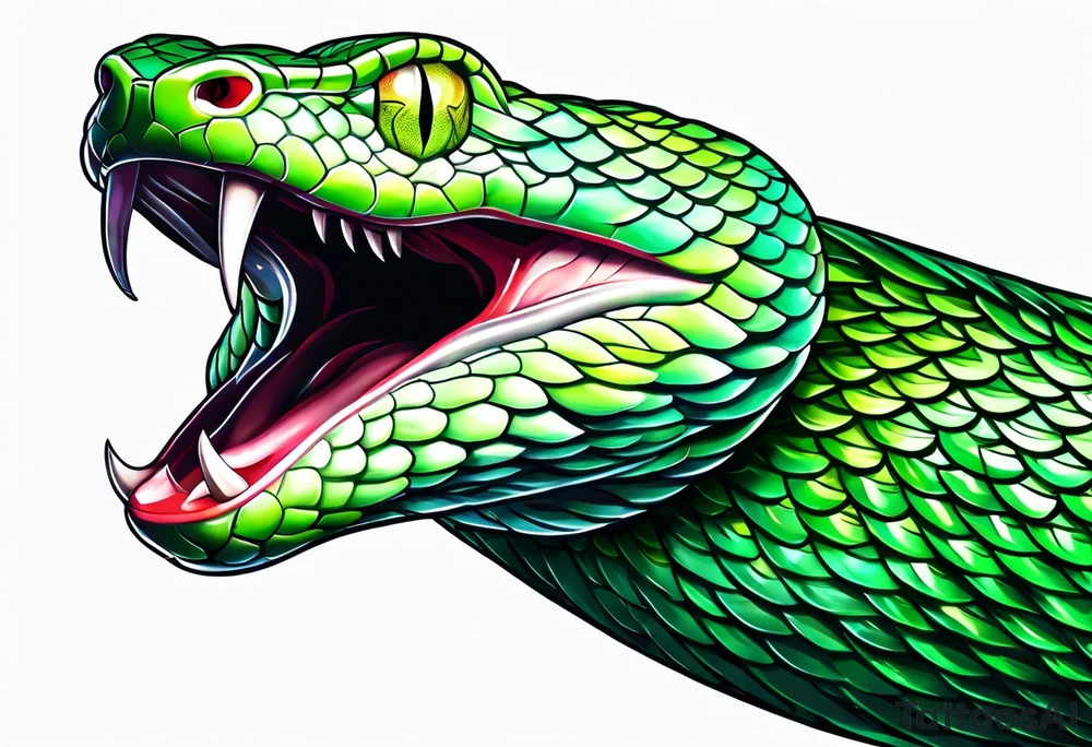 A green pit viper with mouth open showing fangs tattoo idea