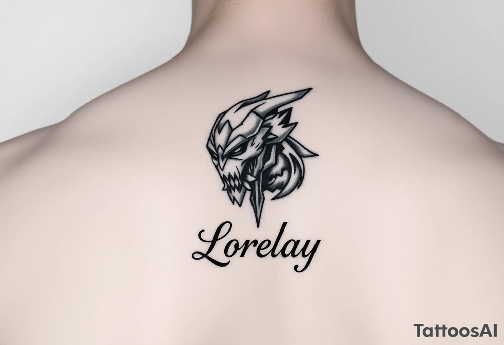 Créame un diseño en miniatura para la parte baja del bicep de una personaje principal de dragón Ball con el nombre de lorelay escrito por debajo del diseño tattoo idea