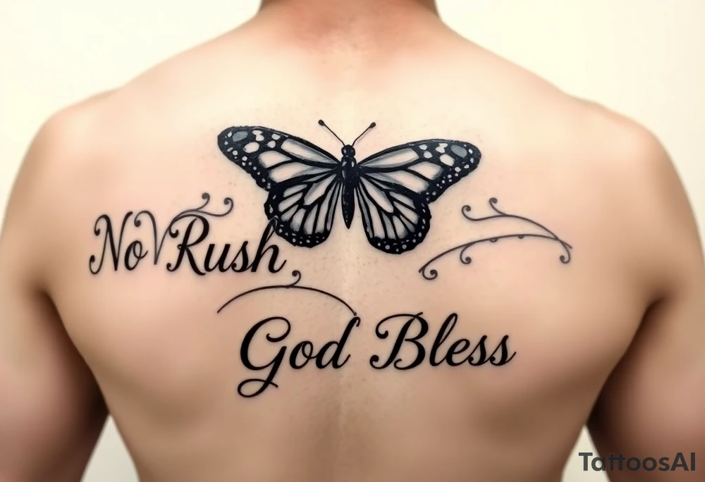 The words No Rush with a monarch butterfly in the same tatto with the words God Bless with a fishing pole. Tattoo is masculine for the upper arm tattoo idea