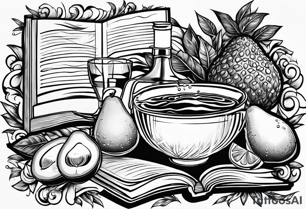 An avocado cartoon  drinking wine and reading a book tattoo idea