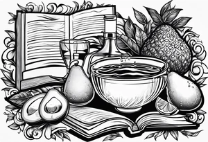 An avocado cartoon  drinking wine and reading a book tattoo idea