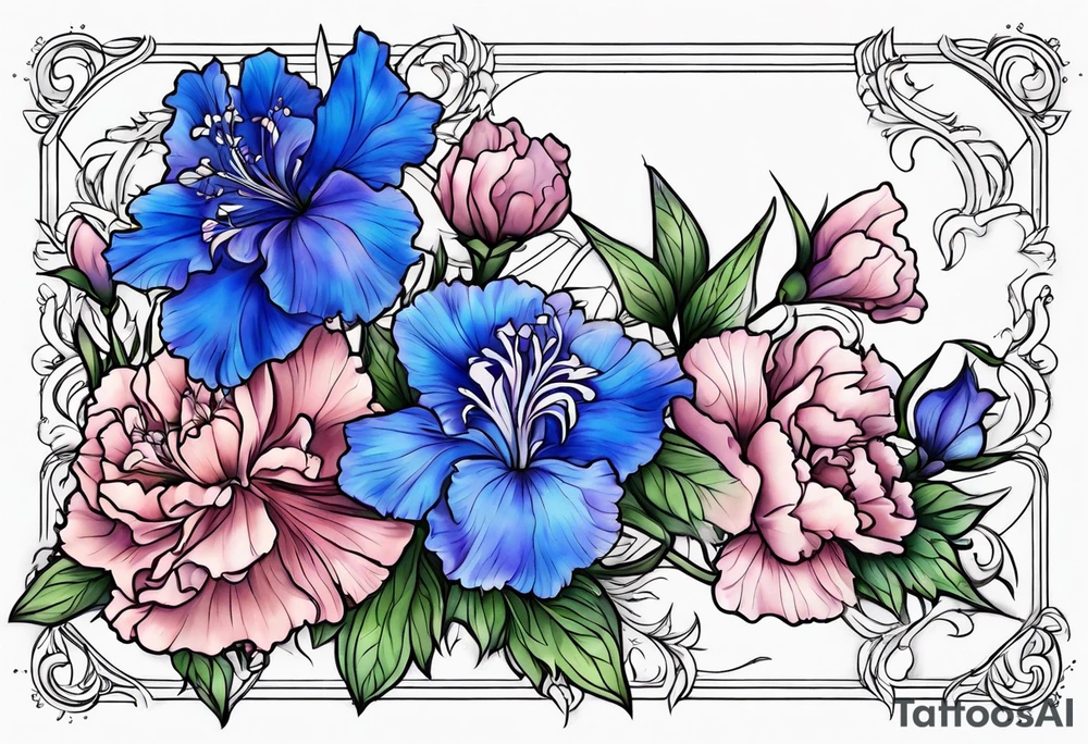 Larkspur flowers and carnation flowers tattoo idea