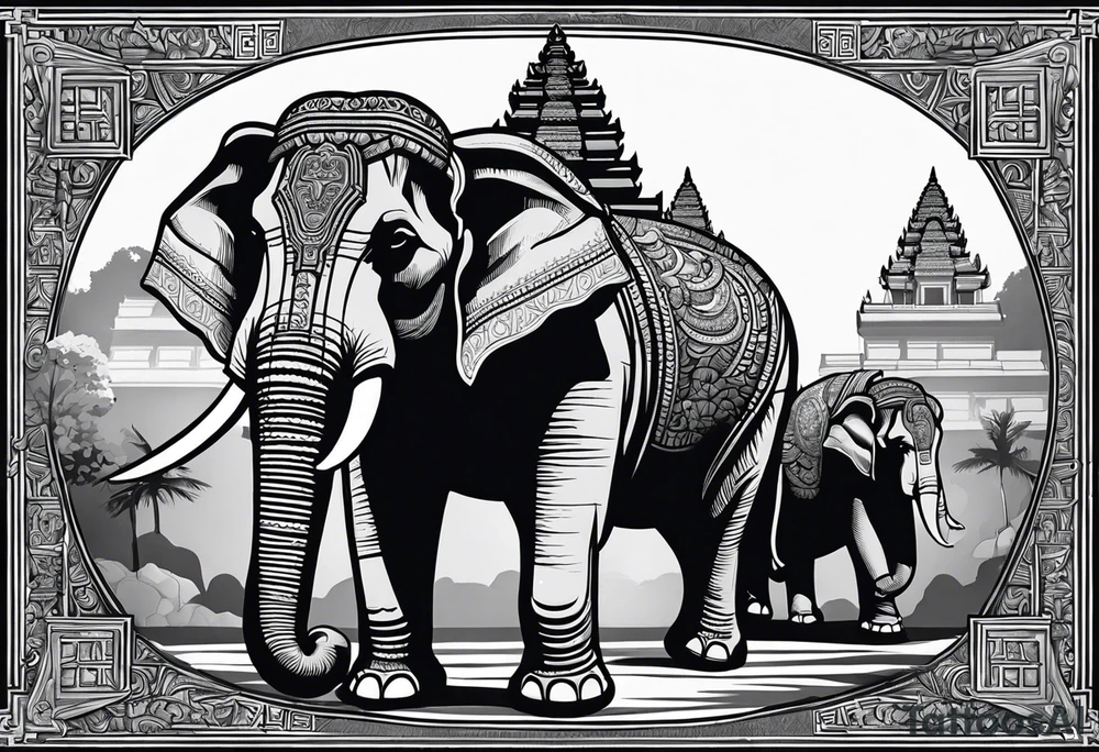 Cambodian, Angkor Wat temple. With 3 headed elephant laos. tattoo idea