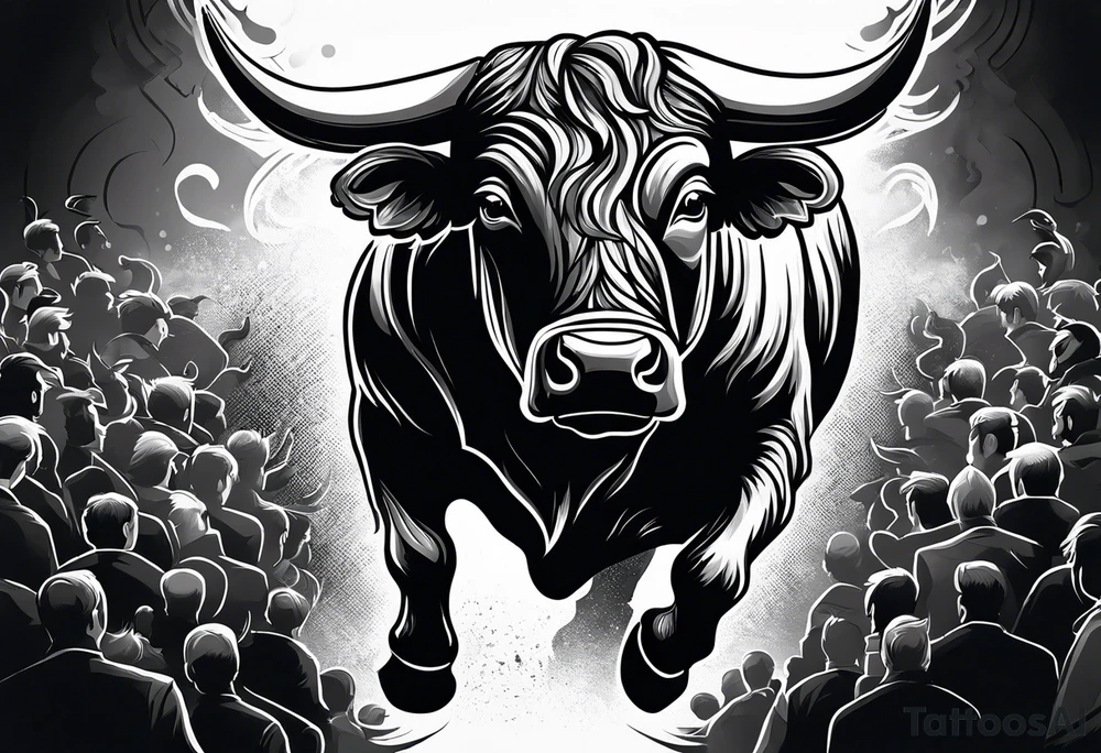 Large bull with horns busting through crowd of people tattoo idea