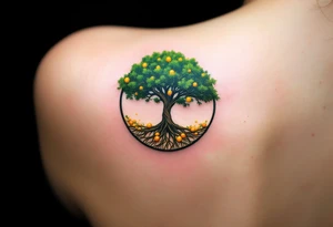 A forest green tree of life inside a round frame of braided roots and glowing amber fruits. tattoo idea