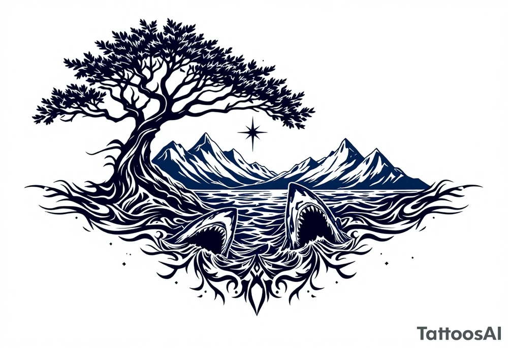 tattoo that has an acacia tree with mountains, ocean with a ship wreck with sharks and the bright northern star tattoo idea