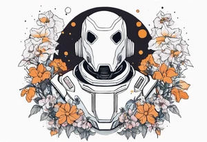 Ghost dressed like a robot, surrounded by flowers, tattoo idea