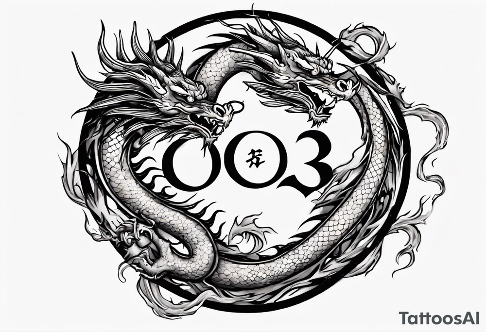Chinese dragon in a circular shape with "02.03" written on its skin tattoo idea
