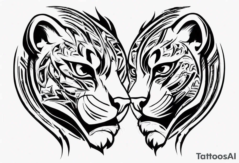 Generate a tattoo concept with two black pumas flanking a central element. Position the pumas side by side, facing outward, mirroring each other's stance. tattoo idea