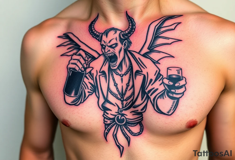 demonic angel in clothes having a good time getting drunk tattoo idea