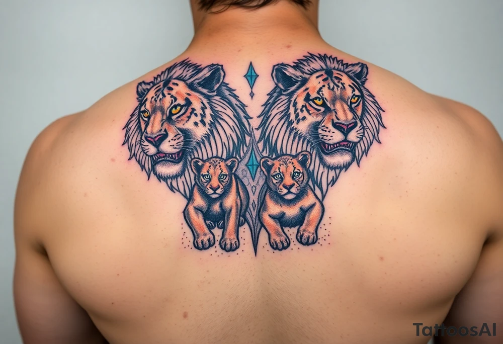Male, female and cub lions tattoo idea