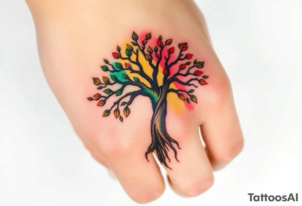 Vibrant tree of life Jamaican and Irish colours tattoo idea