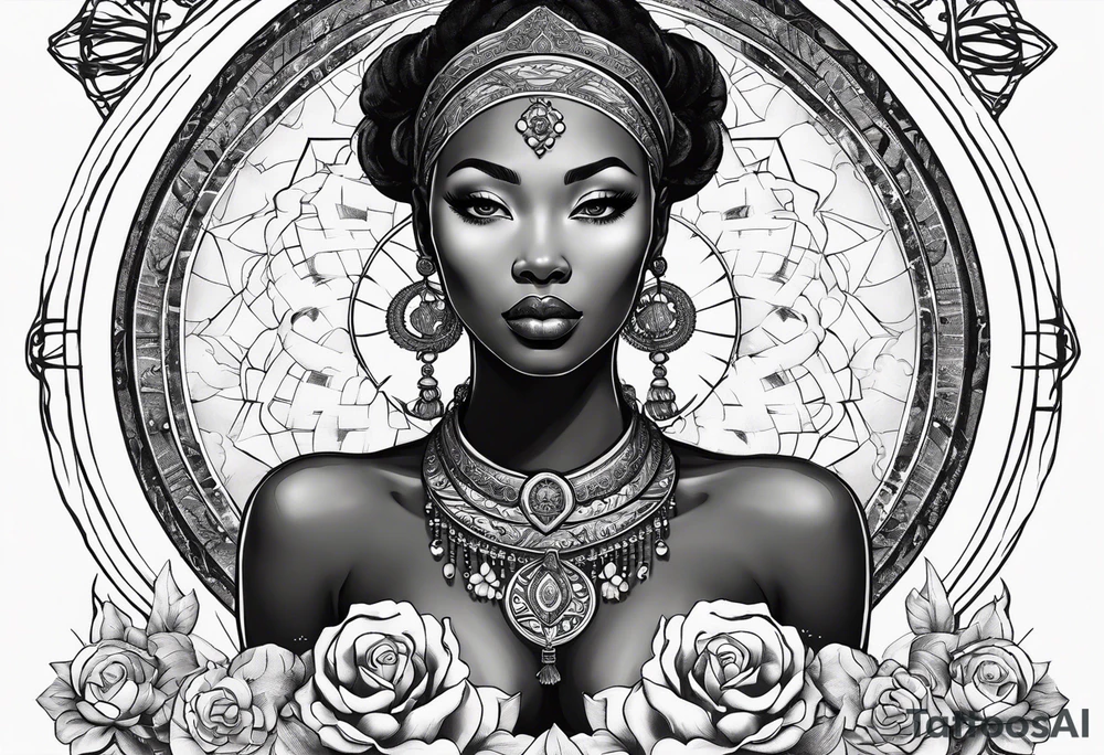 Black woman, royalty, enlightenment, wisdom, astronomy, cancer zodiac, natural, love, strength, power tattoo idea