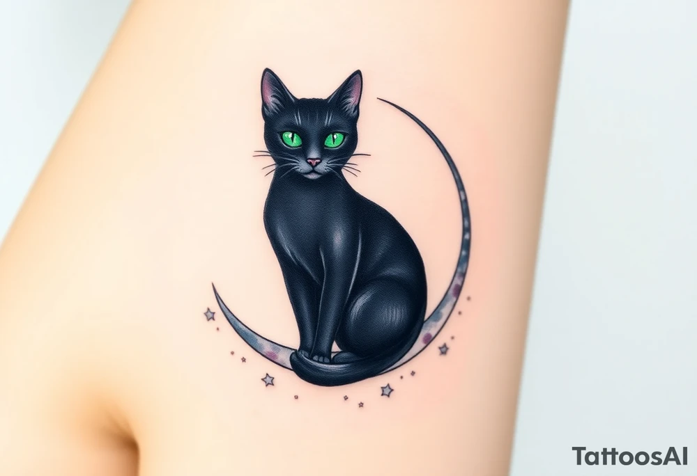 A sleek black cat sitting gracefully on a crescent moon, surrounded by a field of small, glowing stars. The cat's eyes are a bright emerald green, creating a striking contrast against its dark fur. The moon is a soft silver with a subtle gradient, transitioning from pale gray at the top to white at the bottom. Around the stars, there are gentle watercolor splashes in shades of midnight blue and deep purple, giving the design a dreamy, cosmic feel. The tattoo would have a mystical, enchanting vibe, symbolizing independence, intuition, and mystery. tattoo idea