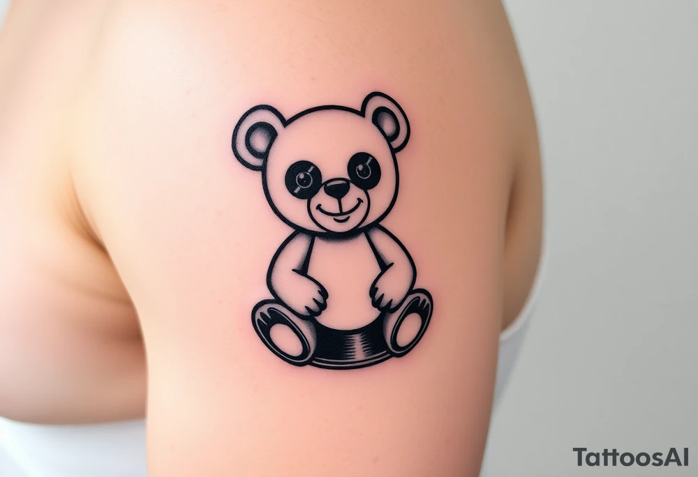 minimalist teddy bear with vinyl records as eyes smiling and sitting on a record tattoo idea