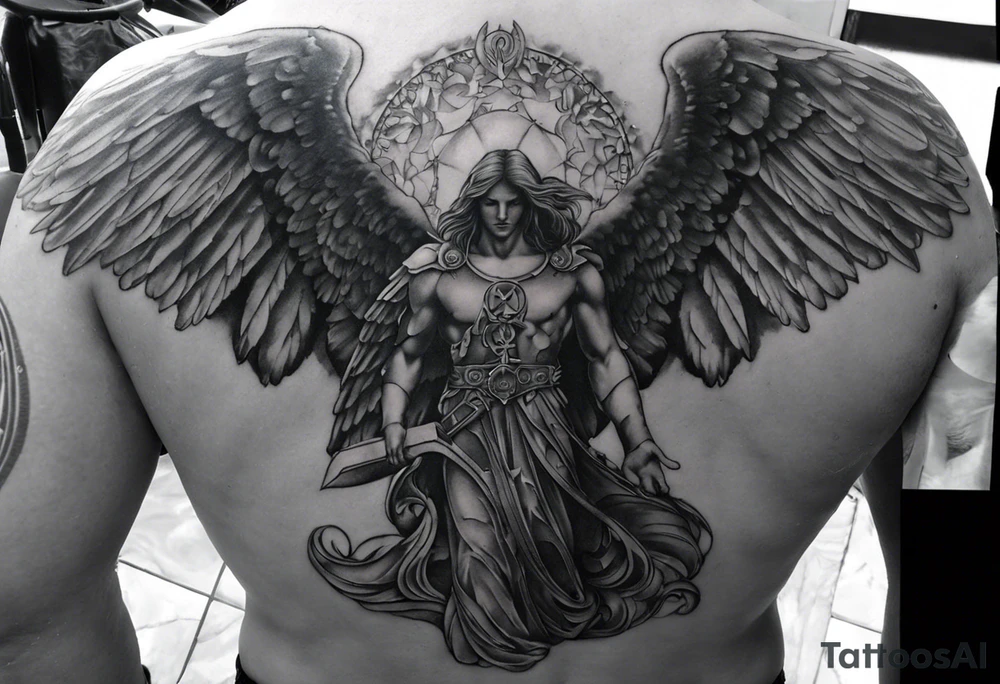 This is a back piece tattoo. Realistic tattoo. The big thing is 2 big wings of archangel Micheal. The meaning of the tattoo is dark about life or death. archangel micheal always protects me from evil things of war. incrustate dark things as skulls. death thing. tattoo ie dark black and white. you can add church stuff. but i want the tattoo to be dark. it represents memento mori. put a big cross of church tattoo idea