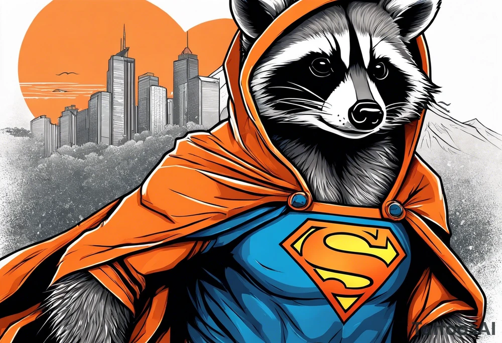 Raccoon wearing an orange Superman hoodie tattoo idea