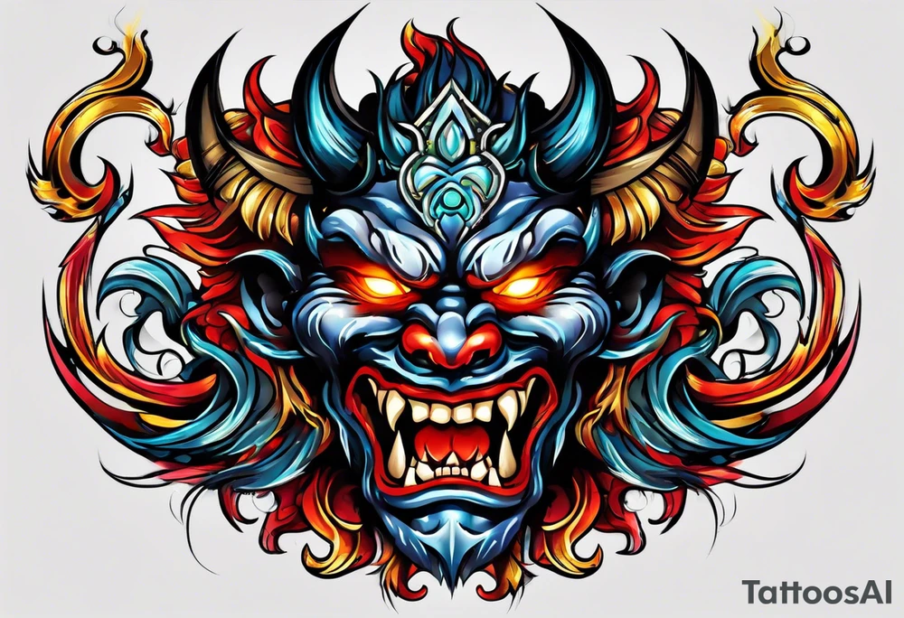Protection against evil Oni mask tattoo idea