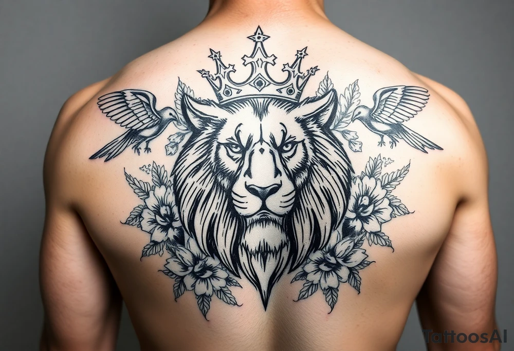 powerful majestic lion with a crown, surrounded by floral ornaments and birds tattoo idea