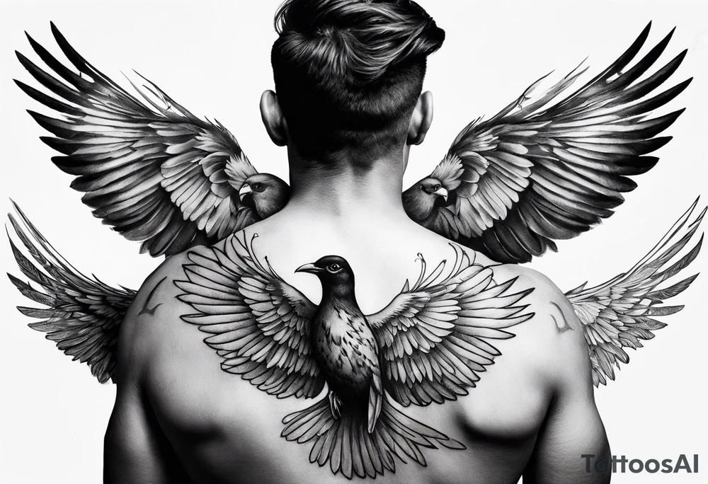 Birds flying out of a man’s back while he is in his hands and knees tattoo idea