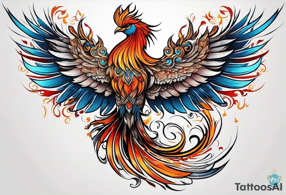 russian firebird phoenix in-flight with very long fancy tail with Yarilo symbol tattoo idea