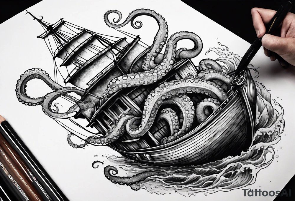 Pulpo gigante destruyendo un barco tattoo idea