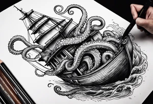 Pulpo gigante destruyendo un barco tattoo idea