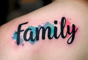 Family Watercolor Portrait Tattoo – The word "family" in bold black lettering, surrounded by abstract watercolor portraits of family members in shades of blue, green, and red. tattoo idea