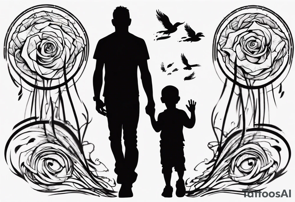 Silhouette of a father with two children, only outer lines tattoo idea