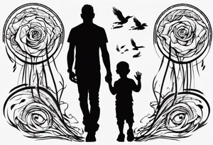 Silhouette of a father with two children, only outer lines tattoo idea