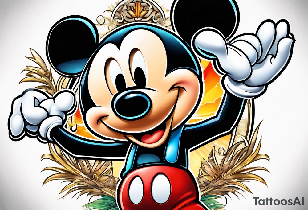 mickey mouse holding lightning with palm trees doing martial arts tattoo idea