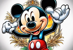 mickey mouse holding lightning with palm trees doing martial arts tattoo idea