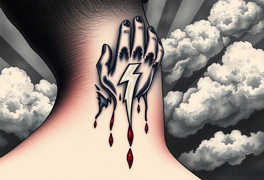 The silhouette of a hand holding a lightning bolt, dripping blood and adorned with silver tribal tattoos, against a backdrop of stormy clouds and dark skies tattoo idea