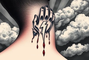 The silhouette of a hand holding a lightning bolt, dripping blood and adorned with silver tribal tattoos, against a backdrop of stormy clouds and dark skies tattoo idea
