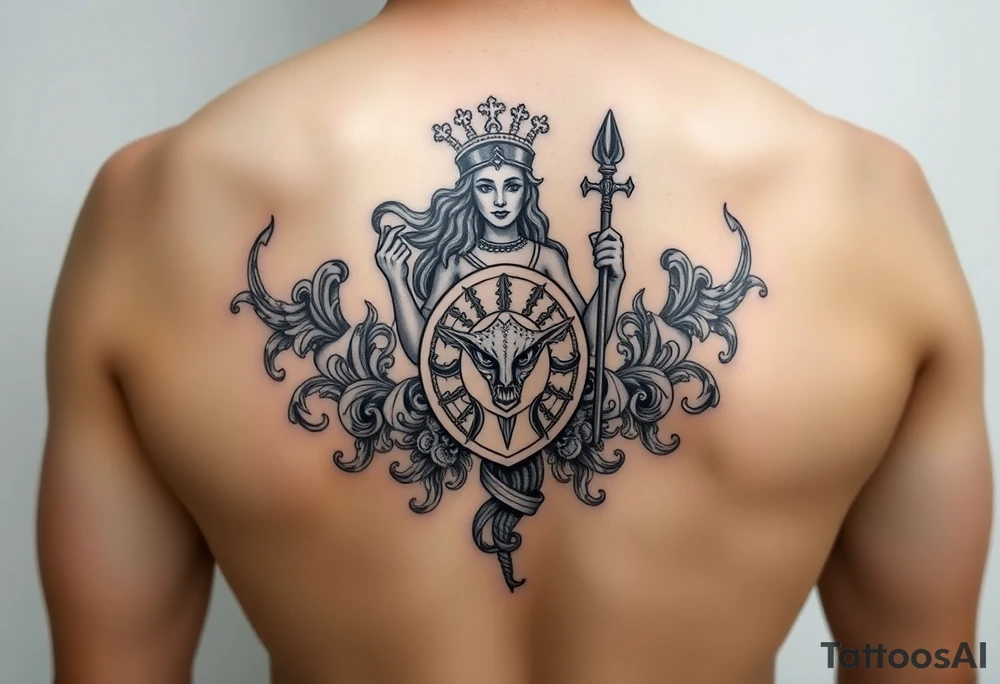 The goddess Athena with her Medusa shield and spear surrounded by Greek flourished designs tattoo idea