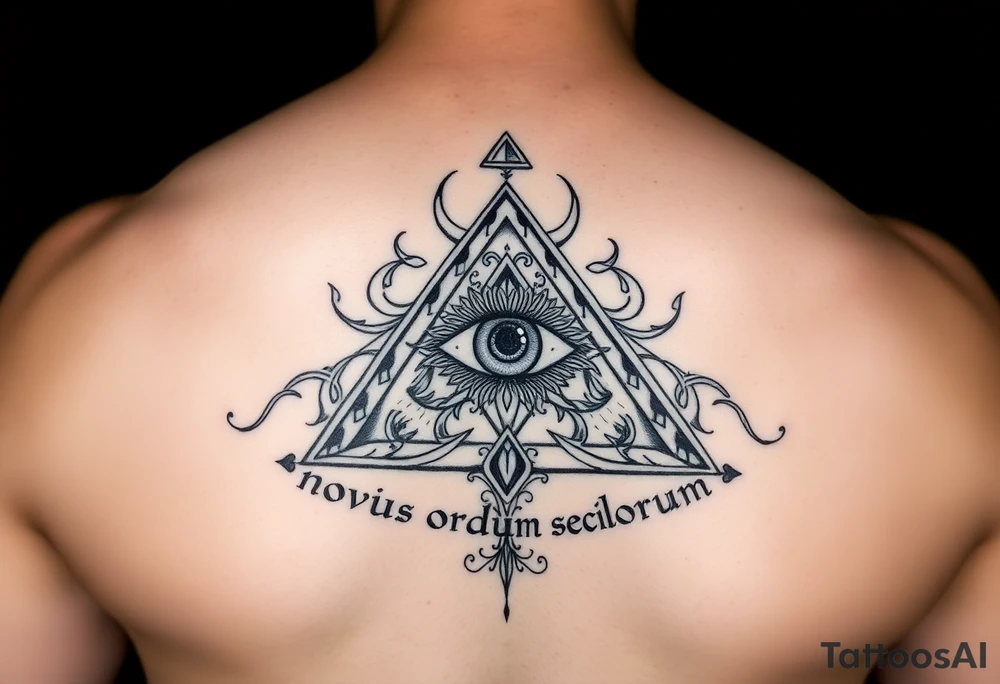 Pyramid with eye in the center, diamond on the top,surrounded by words - novus ordum seclorum tattoo idea