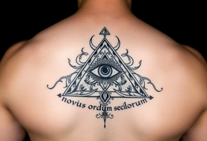 Pyramid with eye in the center, diamond on the top,surrounded by words - novus ordum seclorum tattoo idea