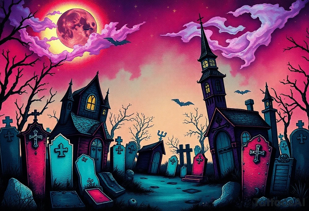 Tim Burton’s haunted victorian graveyard is abandoned and dripping with muted reds, dusty pinks, and eerie green glow.purple and cyan smokey clouds swirl in the crescent moonlit sky thats sprinkled with stars tattoo idea tattoo idea